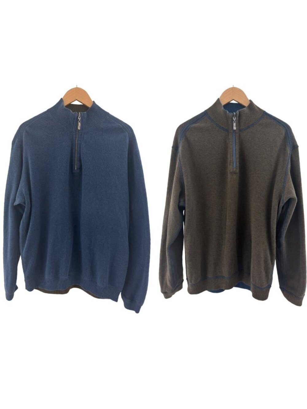 Tommy Bahama Mens Reversible Blue Brown Knit 1/4 Zip Pullover Sweater Size XL